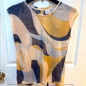 Rachel Zoe Blue Cream Graphic Fitted Cap Sleeve 100% LINEN Top buttons up back